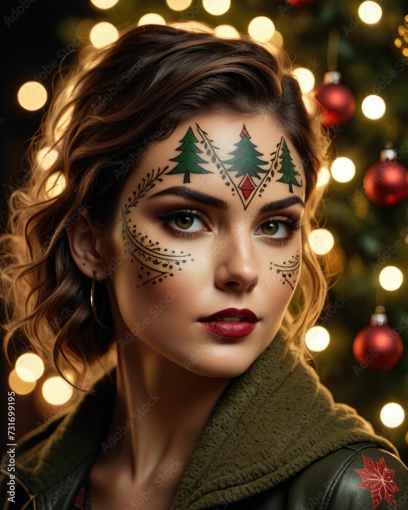 An AI illustration of beautiful girl with christmas makeup and christmas tree tattoos, dressed in le