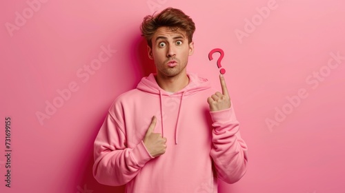 portrait of a person. man with a question mark. photo of a man wearing sweatshirt, question symbol, question gesture, worried face expression