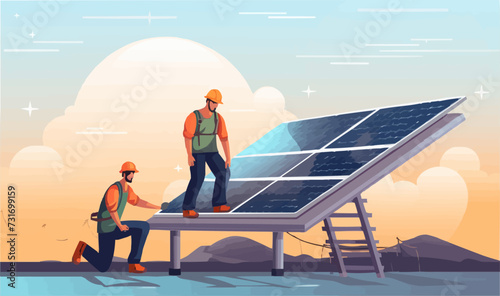 Father and Son Installing Solar Panels on Rooftop isolated vector style illustration
