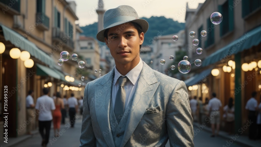 AI illustration of a portrait of a young man wearing a suit and a hat. AI illustration of a portrait of a young man wearing a suit and a hat.