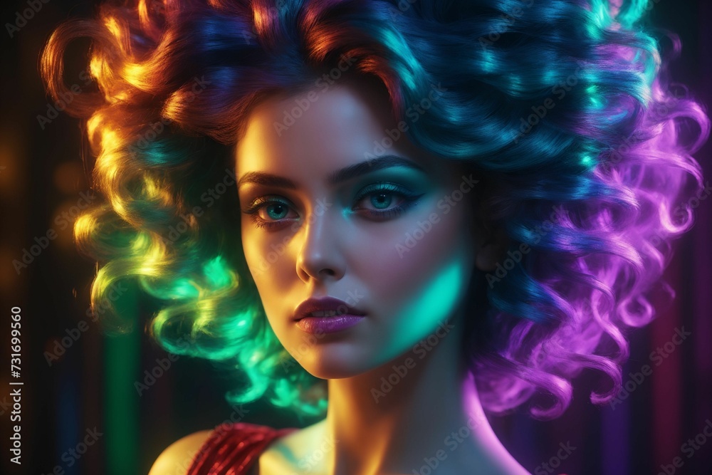 beautiful girl with curly hair and colorful light - colored hair