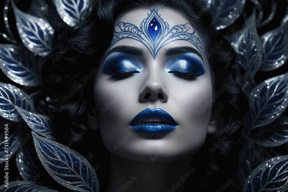 AI generated illustration of a young woman with silvery, blue, and black makeup
