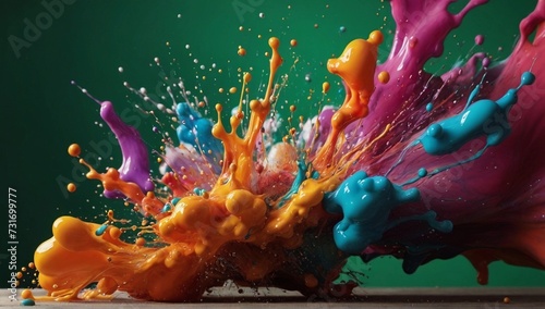 Abstract sculptures made from colorful splashes of paint. Dancing liquid on a green background.