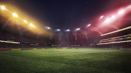 Empty soccer stadium with spotlight and fan tribune with Germany flag attributes. 3D render. German football team. Concept of live sport events, tournament, championship, game