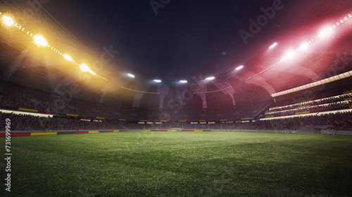 Empty soccer stadium with spotlight and fan tribune with Germany flag attributes. 3D render. German football team. Concept of live sport events, tournament, championship, game