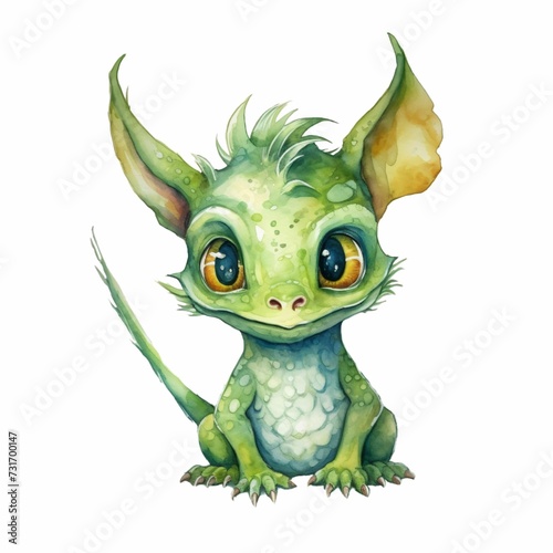 AI-generated illustration of an adorable  green baby dragon sitting against a white background