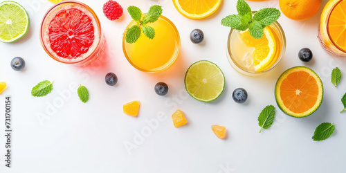 glasses of fresh juice with fruits on white background