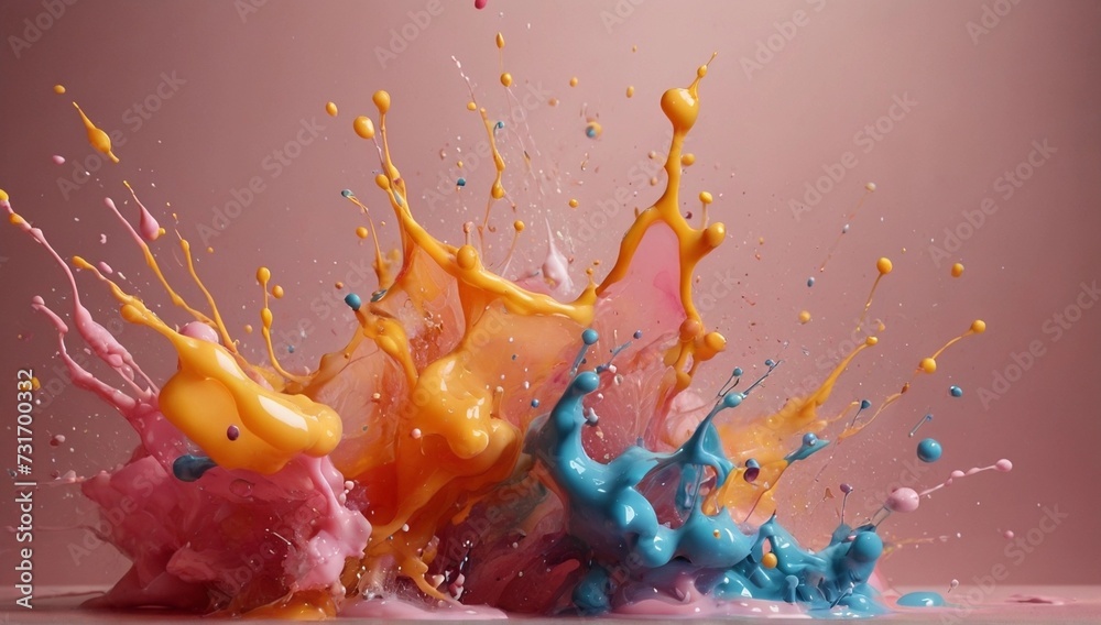 Abstract sculptures made from colorful splashes of paint. Dancing liquid on a pink background.