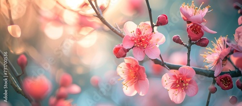 A macro photography image capturing the delicate pink petals of a cherry blossom tree branch, showcasing its beauty as a flowering plant. photo