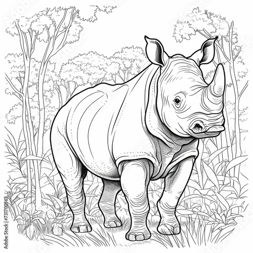 AI generated illustration of a black and white coloring book page of a rhino in a forest © Wirestock