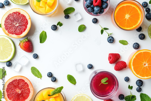 glasses of fresh juice with fruits on white background