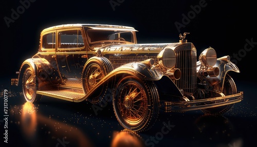 AI generated illustration of an antique car constructed from golden metal wires on a dark background
