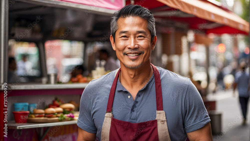 Smiling Asian Food Truck Proprietor Posing in Urban Outdoor Setting Stock Photo Adobe Stock
