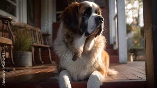 AI-generated illustration of a St. Bernard dog resting on a wooden porch in the afternoon.