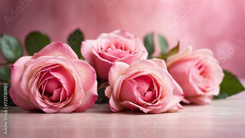 Bouquet of pink roses on a wooden background