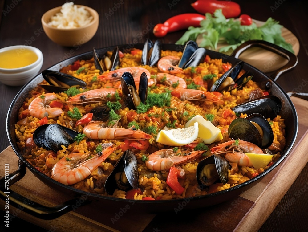 AI-generated illustration of a dish with seafood including shrimp, and mussels. AI-generated illustration of a dish with seafood including shrimp, and mussels.