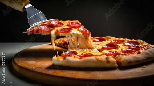 AI-generated illustration of a spatula taking a slice of pepperoni pizza. photo