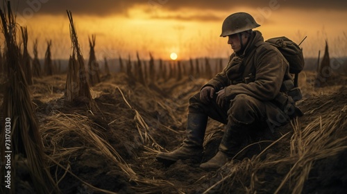 Soldier in a military uniform sitting in a grassy field at sunset, AI-generated.