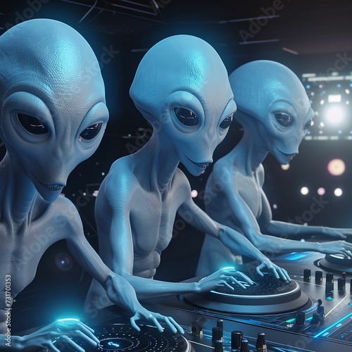 AI generated illustration of a group of extraterrestrial aliens playing music together