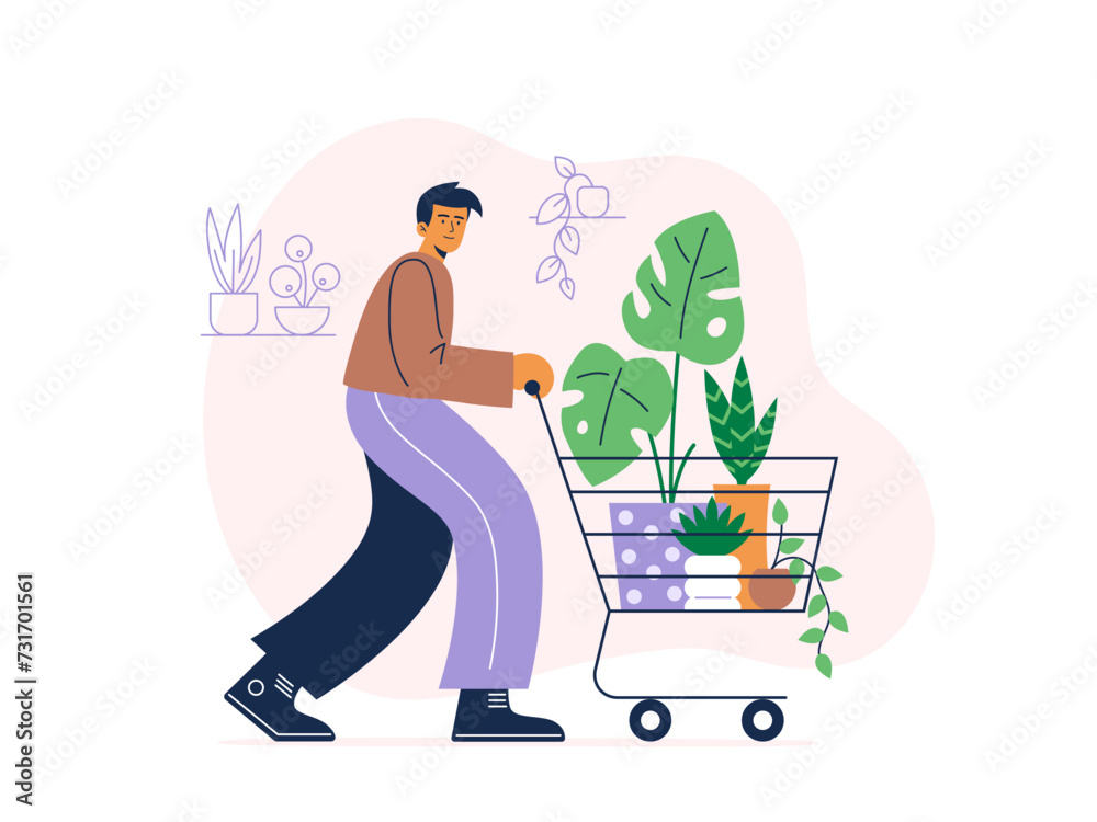 A young man holding a shopping trolley. Buying plants and trees for home or garden. Vector flat illustration on a white background.
