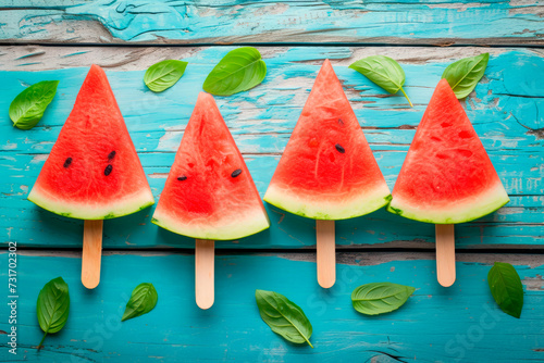 Summer Watermelon slice popsicles on blue wooden table. Top view