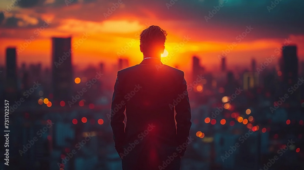 Fototapeta premium Silhouette of a businessman against the background of the setting sun and the city