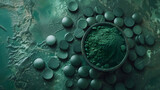 Green powder in a plate and in the form of tablets, top view, Green spirulina