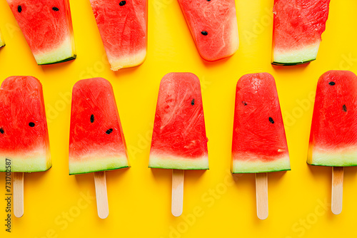 Summer Watermelon slice popsicles on yellow background. Top view