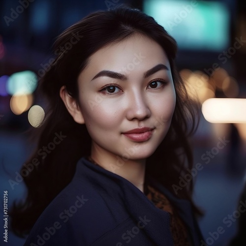AI generated illustration of A beautiful Asian woman stands on a wet street looking at the camera photo
