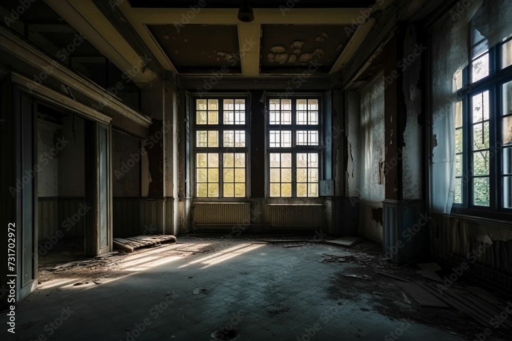 AI generated illustration of an interior of an empty room with weathered walls and big windows