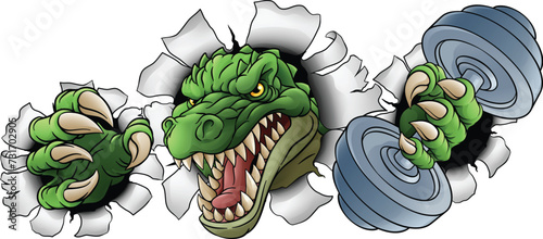 A crocodile, dinosaur or alligator lizard weight lifting trainer, exercise or body building gym cartoon sports mascot holding weights dumbbell