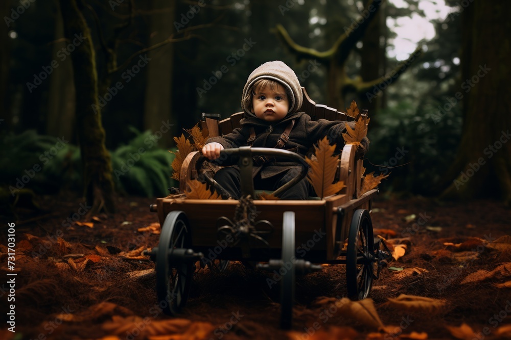 Φωτογραφία AI-generated illustration of an adorable baby boy driving a wooden toy car in a