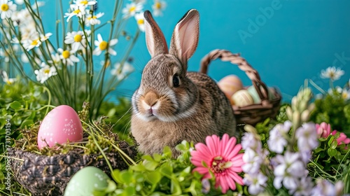 The Easter bunny, dressed in clothes, is situated in a fairytale city surrounded by flowers and Easter eggs. Processed by human hands. Generated by AI © Ievgen