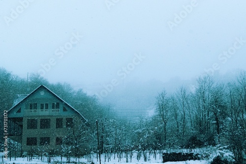 snow covers the ground around an old cabin in a winter landscape photo