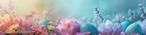 Colorful Easter eggs on a beautiful background among flowers and branches. Space for text.  Handled by human hands. Generated by AI photo