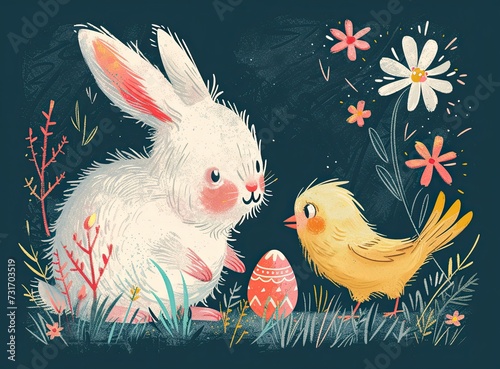 Illustration of an Easter bunny in a cartoon style..Processed by human hands. Generated by AI