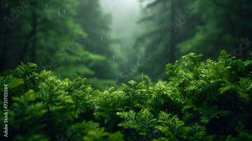 A dense forest, with lush greenery as the background, during a gentle rain © CanvasPixelDreams