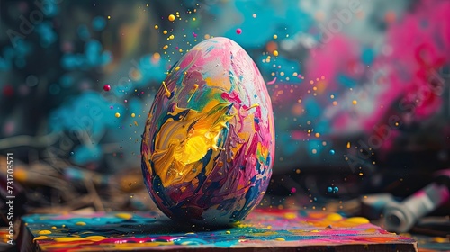 Multicolored Easter eggs painted with bright colors and splatters. Processed by human hands. Generated by AI © Ievgen