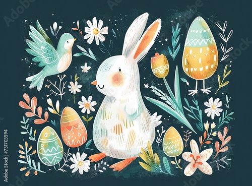 Illustration of an Easter bunny in a cartoon style..Processed by human hands. Generated by AI