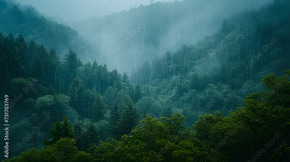 A dense forest, with lush greenery as the background, during a gentle rain