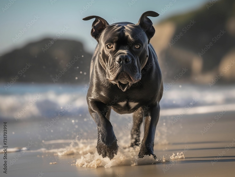AI generated illustration of a beautiful adorable cane corso dog running around on a beach at sunset
