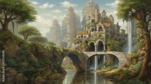 AI generated illustration of a castle with water falls surrounded by green trees