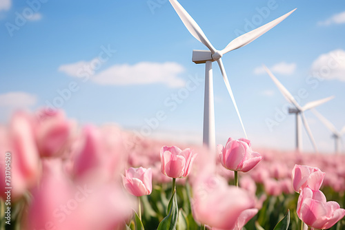 Renewable energy in spring concept with pink tulip flowers in foreground and wind mill turbines in background