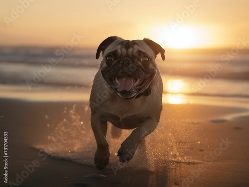 AI generated illustration of a beautiful adorable pug dog running around on a beach at sunset © Wirestock