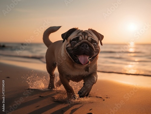 AI generated illustration of a beautiful adorable pug dog running around on a beach at sunset © Wirestock