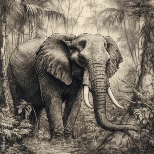 AI generated illustration of an elephant strolling leisurely through a lush  forest environment