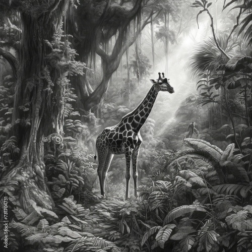 AI generated illustration of a giraffe in the dense jungle foliage  gazing off into the distance