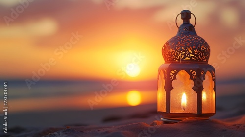 Ramadan Kareem  Arabic lantern with burning candle on sand beach with blurry sunset sky background
