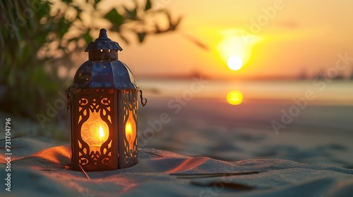Ramadan Kareem, Arabic lantern with burning candle on sand beach with blurry sunset sky background