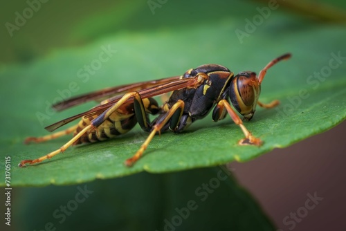 Wasp perched atop a lush green foliage, with its slender legs delicately placed on the surface © Wirestock